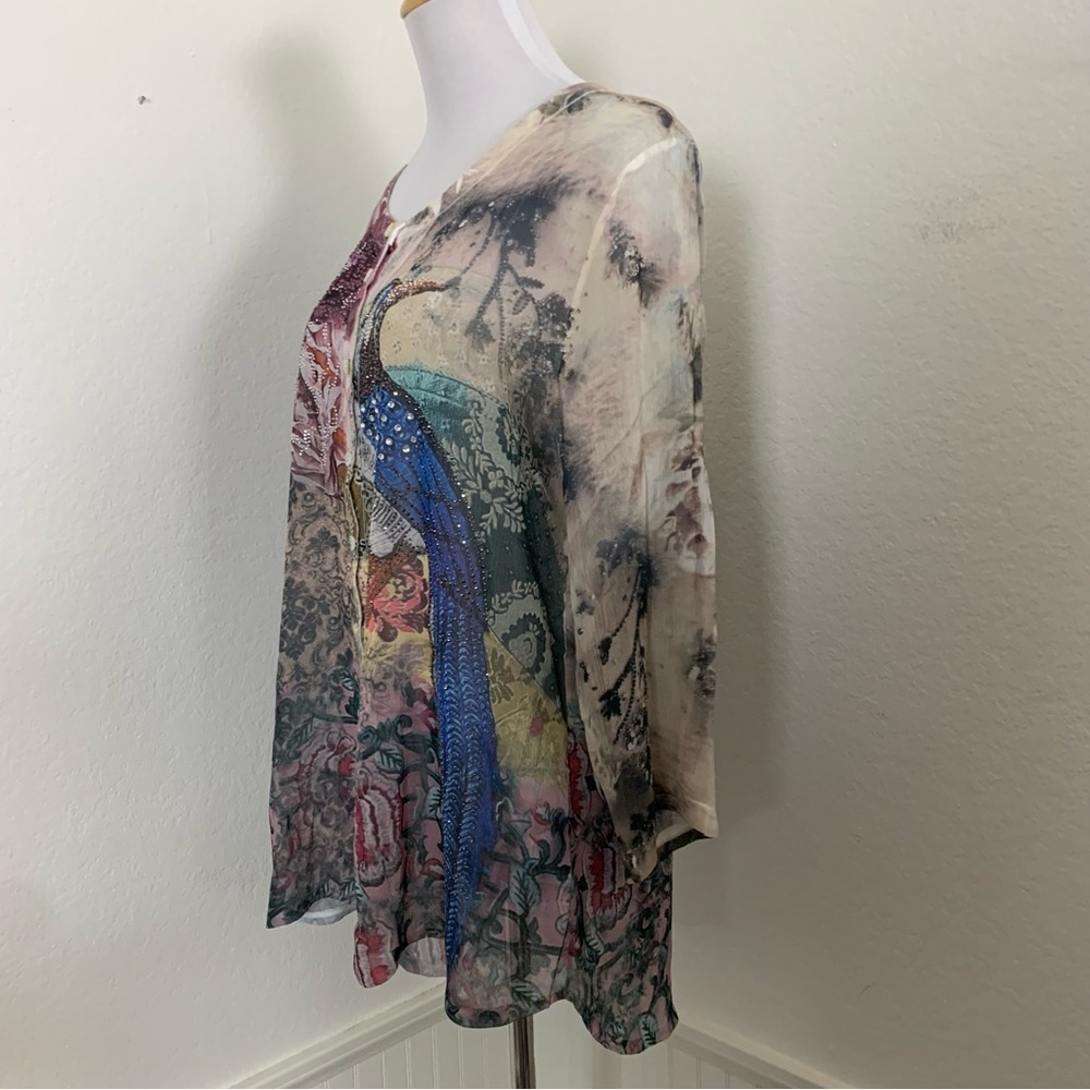 Schiffhauer Munich Cardigan Sweater Floral Semi Sheer Jeweled Womens L Art - Picture 13 of 17